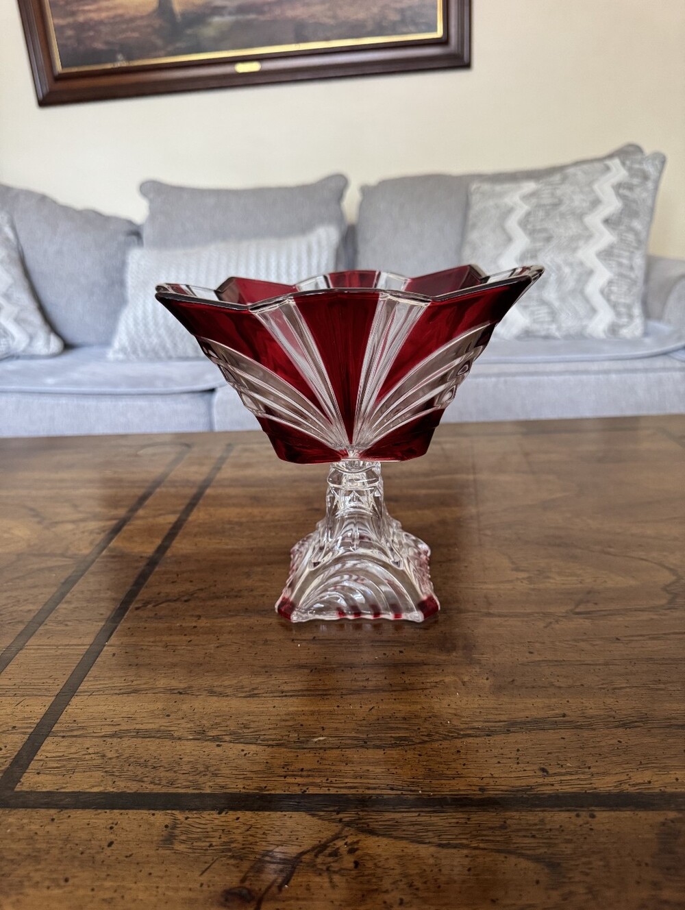 Red and Clear Crystal Compote Bowl By Fifth Avenue Crystal. tall 10 Inches